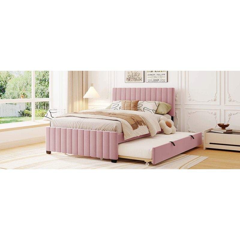 Lit plateforme double en velours avec lit gigogne, Rose