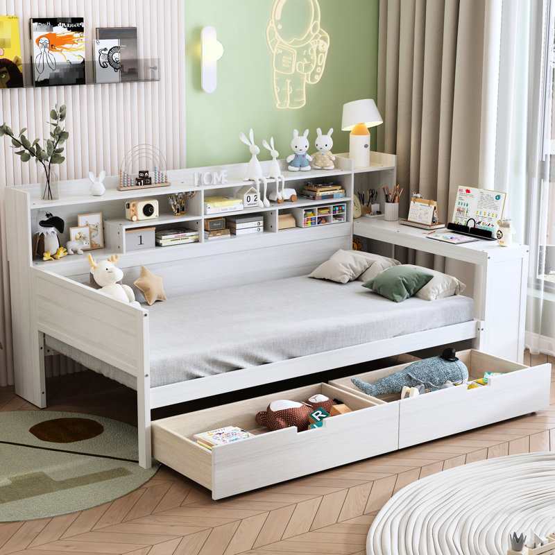 Lit de jour simple avec rangement superposé et bureau, tiroirs en bois de style blanc antique et bureau fonctionnel