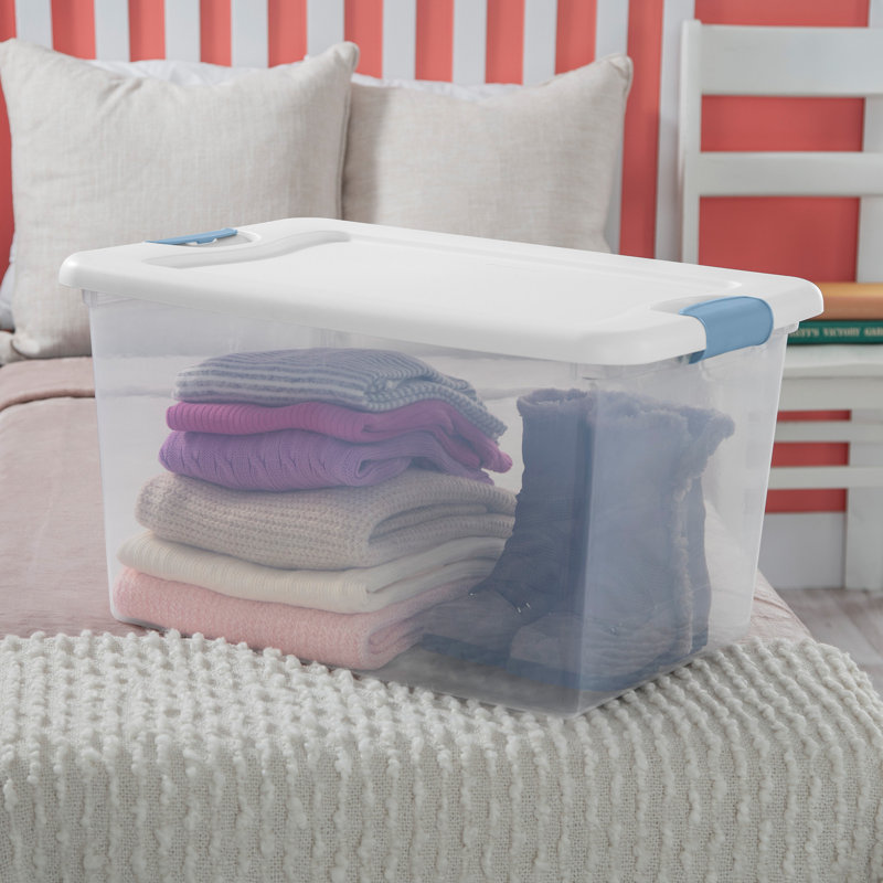 Sterilite 64 Qt Latching Box Stackable Storage Container with Lid, White, 8 Pack