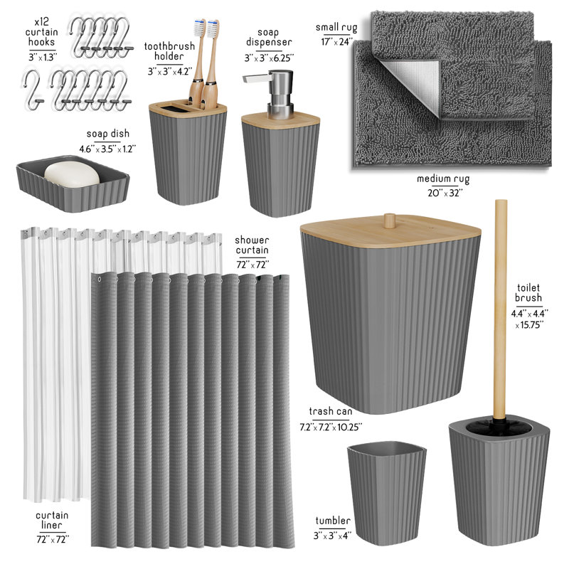 Complete 22 Piece Bathroom Accessory Set with Bath Rugs, Shower Curtain Set, Liner, and Hooks, Gray