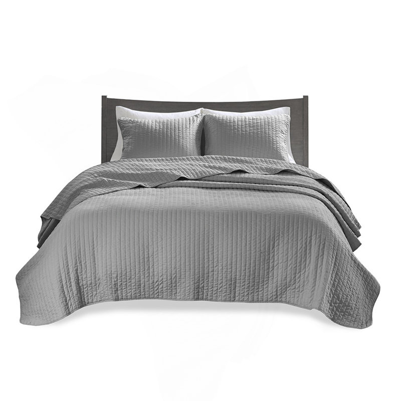 3 Piece Quilt Set Grey Full/Queen, Queen Coverlet + 2 Shams, Gray