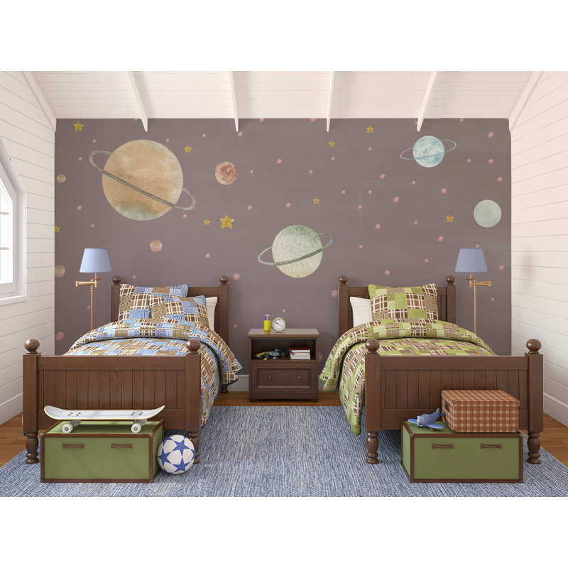 Papier peint pastel avec planètes et étoiles pour enfants, L 100 po x l 150 po