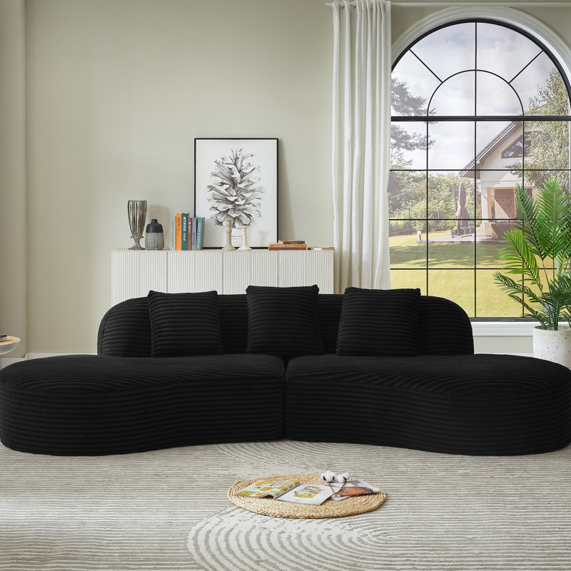 Comfort - Focused 4 Seat Black Corduroy Compressed Upholstered Curved Sectional , Spring Filled, No Assembly, Ideal For Living Room Elegant In Corduroy, Cushioned, Area