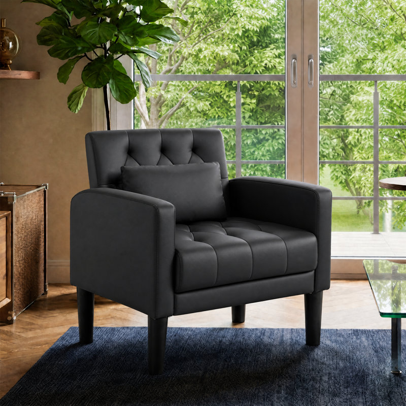 Armchair Modern Accent Chair Comfy Upholstered Seats Armchairs for Living Room Bedroom Dining Room, Black Leather, 1