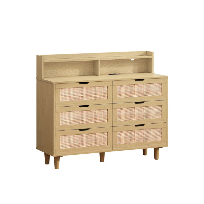 Chaunta 6-Drawers Rattan Storage Cabinet Rattan Drawer with LED Lights and Power Outlet,for Bedroom,Living Room, Gray/Natural
