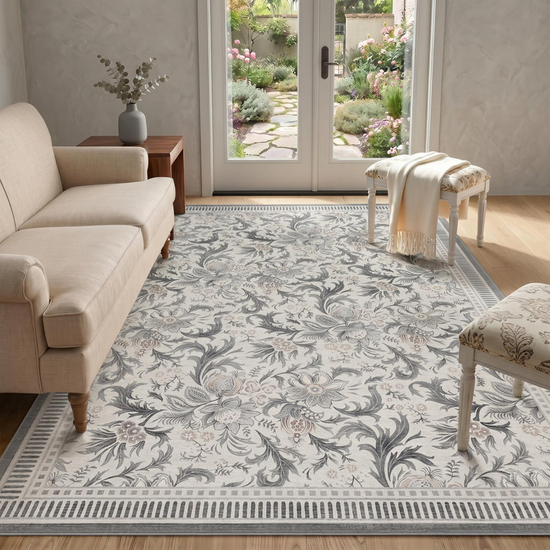 Washable Area Rug, 8x10 Floral Soft Rug for Living Room, Non Slip Low Pile Carpet for Living Room, Bedroom, Dining Room, Grey