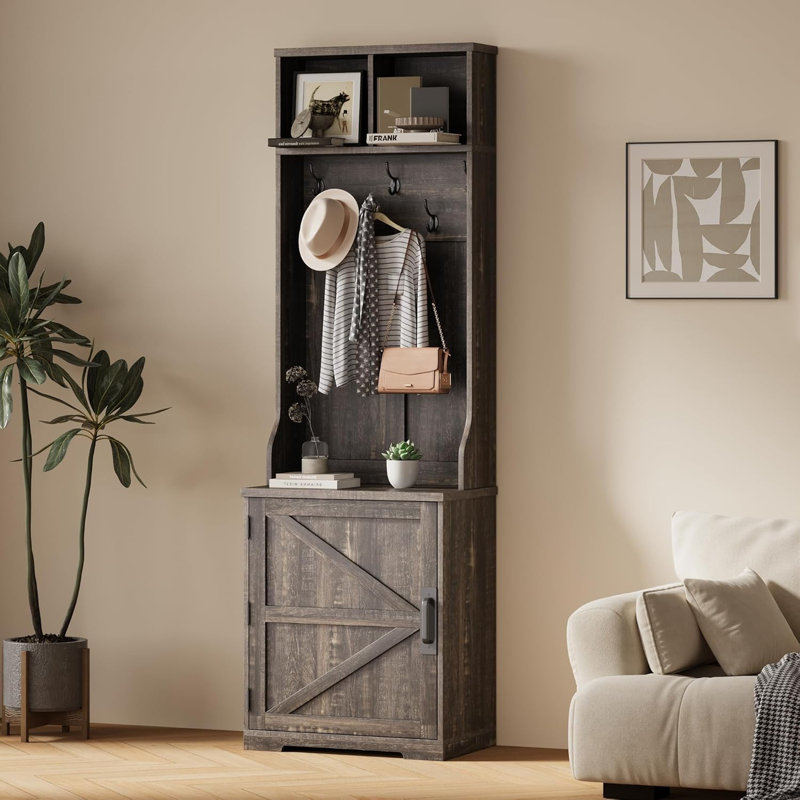 23.6" Farmhouse Hall Tree with Shoe Storage, Small Coat Rack Cabinet with 5 Hooks, Shoe Cabinet & Open Shelves, Entryway Shoe Storage Bench for Mudroom, Hallway, Living Room