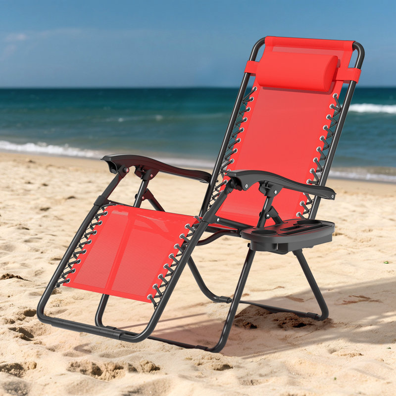 Folding Reclining Zero Gravity Chair, Adjustable Recliner Lounge Chair with Pillow and Cup Holder, Red