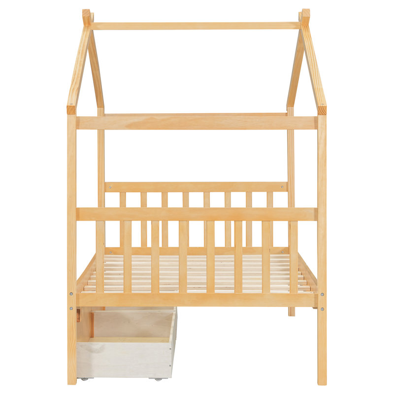Lit simple en bois avec tiroirs, couleur naturelle, structure solide, rangement spacieux pour les livres de papeterie, Twin