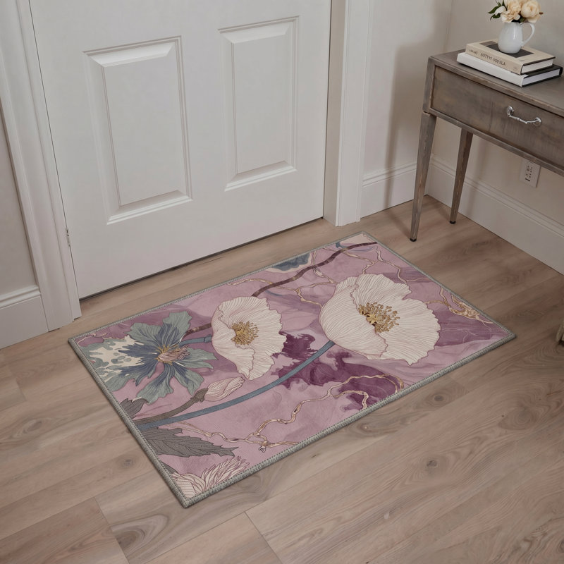 Asteria Boho Machine Washable White / Purple Indoor Area Rug with Non-Slip Backing, Rectangle 6' x 9'