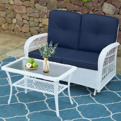  2-Piece Patio White Wicker Loveseat Glider Set Cushioned, Outdoor Conversation Furniture Sets W/ 2-Seater Glider Rocking Bench, Coffee Table And Cushions For Porch Garden Poolside