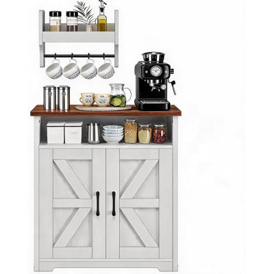 Farmhouse Coffee Bar Cabinet & Sideboard, Kitchen Storage Floating Shelf & Hooks, White & Walnut
