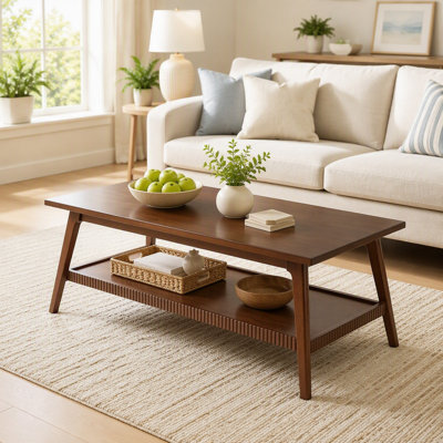 Solid Wood Coffee Table, Rectangular Living Room Coffee Table with Lower Storage Shelf, Wooden Center Cocktail Table for Home, Apartment, Office