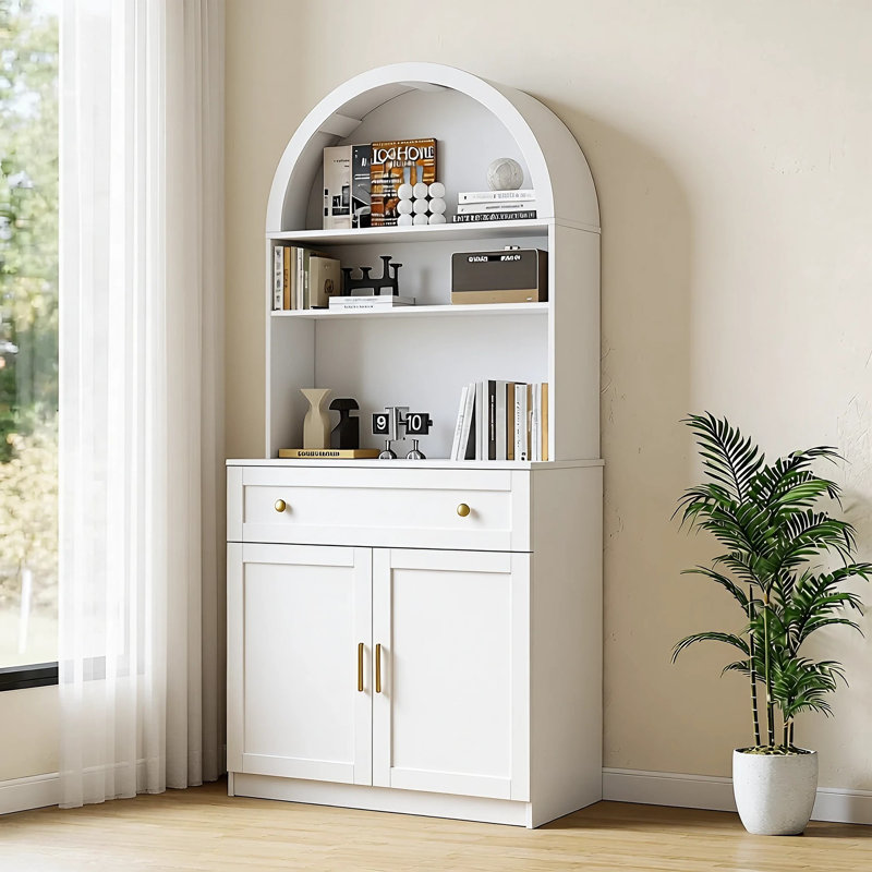 Bibliothèque arquée 71 ", bibliothèque de rangement avec tablettes ouvertes et armoire, Blanc
