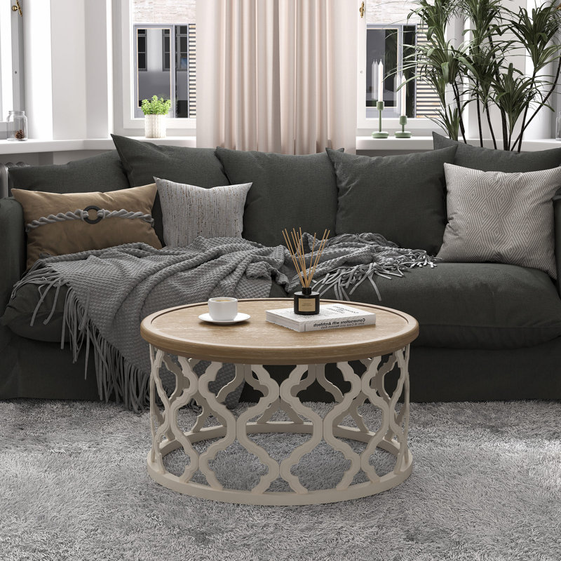 Mayenne Rustic Farmhouse Round Coffee Table with Distressed Wood Tray Top, Natural Top/ Beige Base