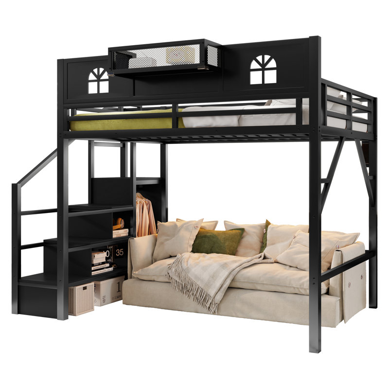 Full Size Metal Loft Bed with Stairs, House-Shaped Guardrails and Wardrobe for Kids and Teens, Black, Full, Black