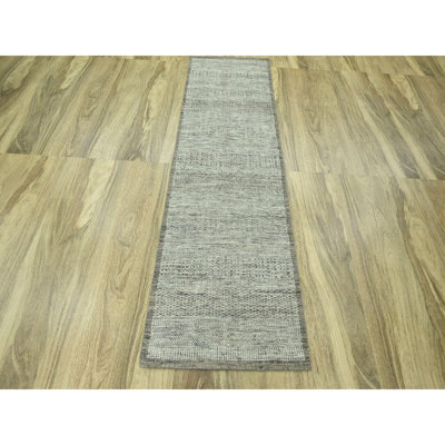 2'7"x8' Cafe au lait Brown, Oxidized and Distressed Grass Design with Exposed Warps, Hand Knotted, 100% Wool, Runner, Oriental Rug