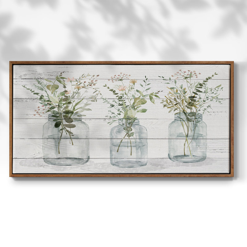 Bottled Greenery- Framed Gallery Wrapped Canvas -Ready to Hang, 21" H x 41" W, Walnut