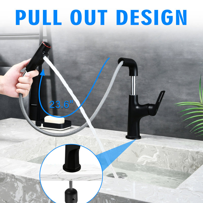 Matte Black Pull - Down Vessel Faucet For Bar And Outdoor With 23.6 In Retractable Hose Splash Control High Spray Mode