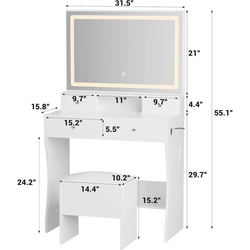 Vanity Desk with LED Mirror Makeup Vanity Set with Power Outlet, 4 Drawers, Storage Stool Vanities