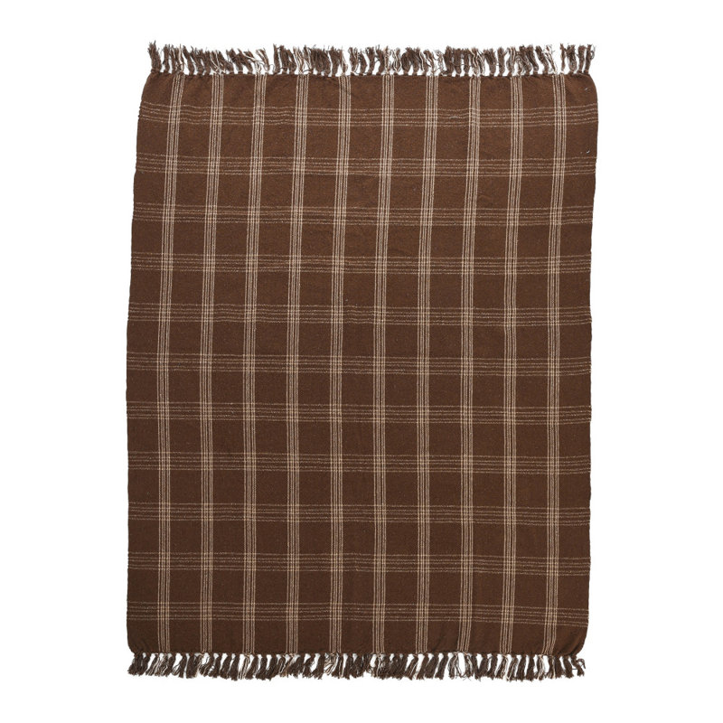 Brown Plaid Recycled Cotton Blend Throw Blanket with Fringe