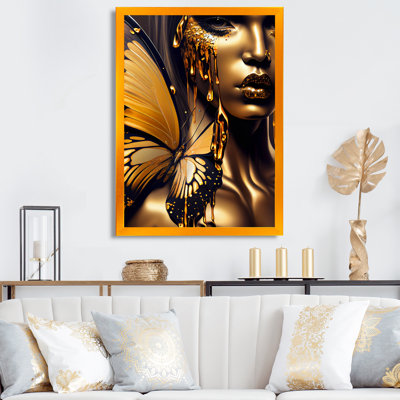 Attractive Woman With Gold Butterflies III - Woman Butterfly Framed Wall Art