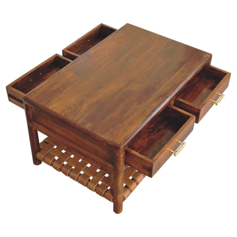 Console Regency tissée avec 4 tiroirs, fente ouverte, brun