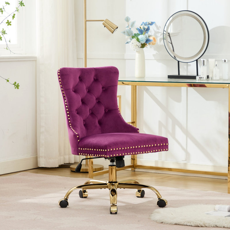 Chaise de bureau, chaise de bureau moderne capitonnée en velours capitonné avec base en métal doré, chaise de bureau pivotante réglable