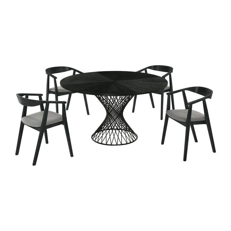 Jettine 5 Piece Round Dining Table Set in Black Wood with Charcoal Fabric