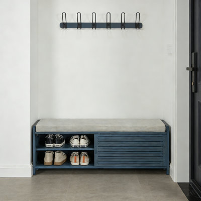 Distressed Shutter Storage Shoe Bench With Cushion, Retro Charm Entryway Bench For Living Room & Hallway