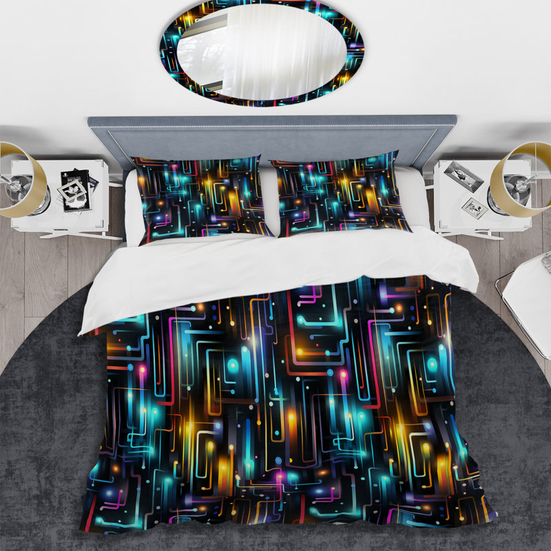 Ensemble de housse de couette Neon Futuristic Cubic Mirage - Geometric, Housse de couette pour grand lit et 2 taies décor