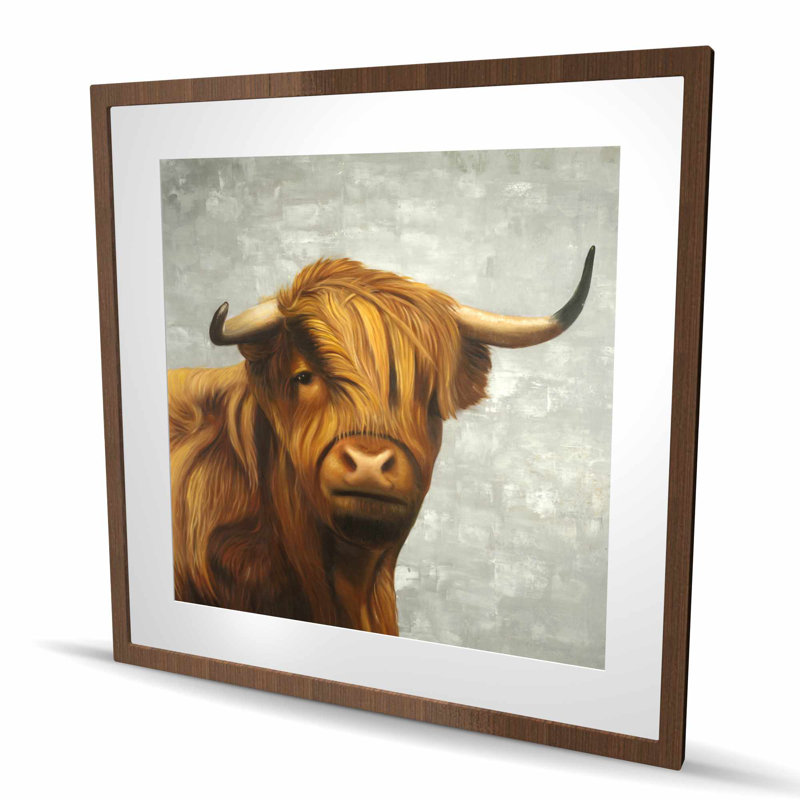 Highland Bovins - reproduction encadrée avec passe-partout pour la décoration intérieure, H 36 po x l 36 po, Brun / Gris