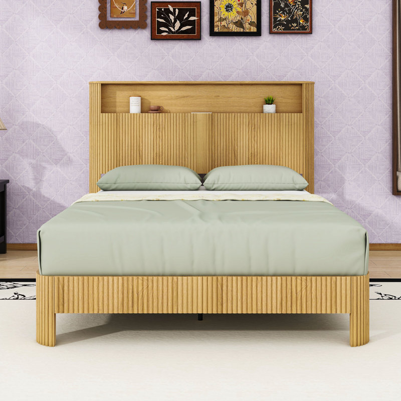 Bed Frame with Charging Station, Full XL, Natural