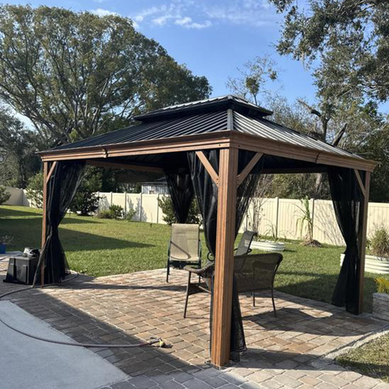 PURPLE LEAF Hardtop Gazebo for Patio Wood Grain Galvanized Steel with Netting, 12' X 14’