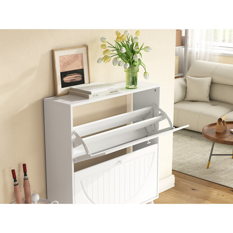 Space-Saving Tipping Bucket Storage Cabinet, Narrow Design With Carved Details, Solid Wood Legs, Anti-Tip Kit Included,  For Small Spaces
