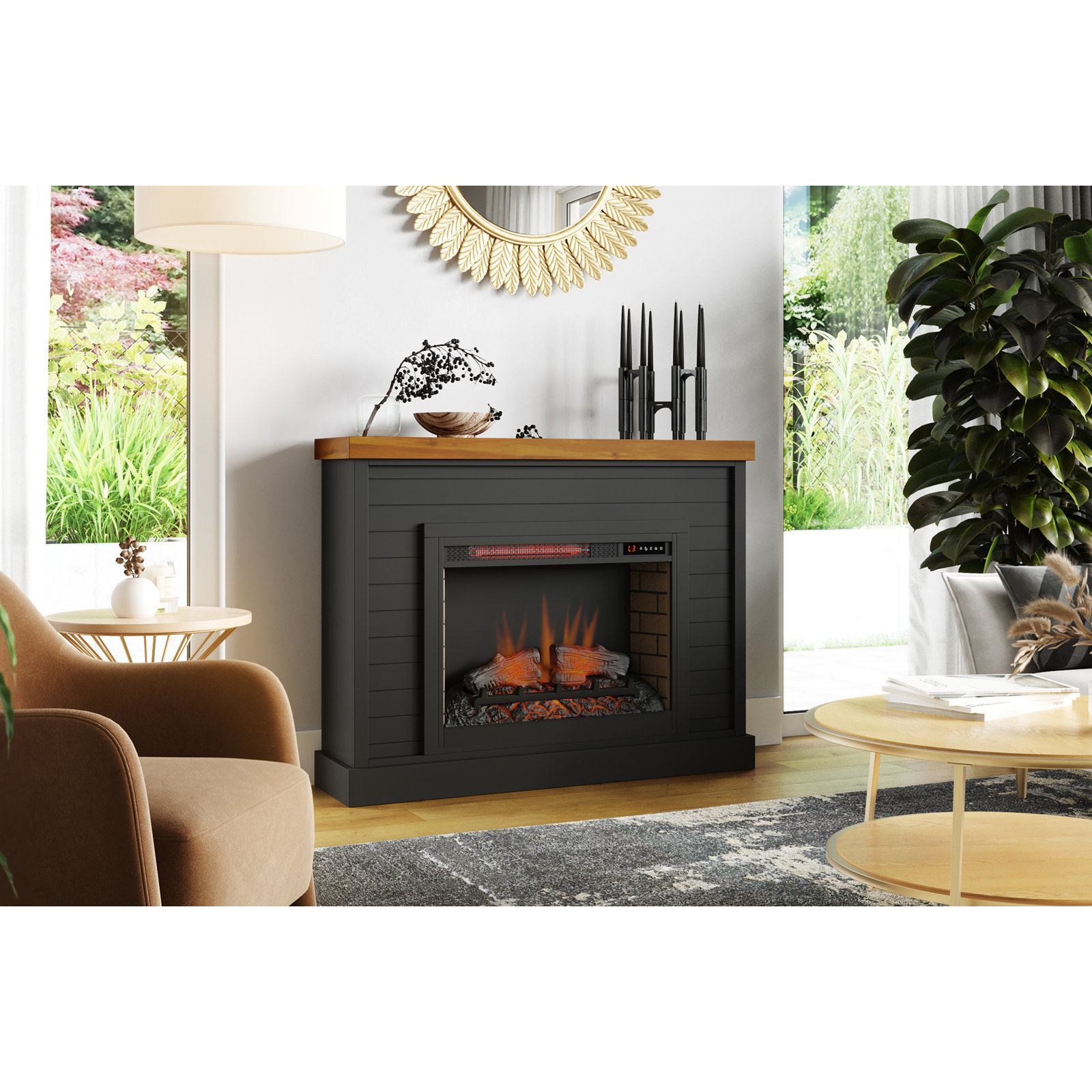Rimma 48 inch Electric Fireplace, Black/Whiskey