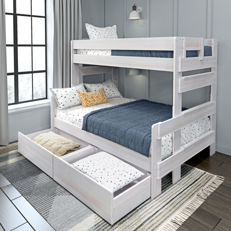 Decimus Kids Twin Over Full Bunk Bed with Drawers, White Wash