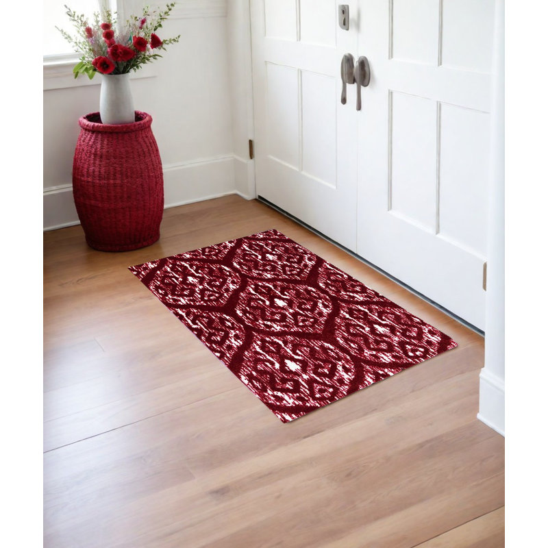 Red and White Ikat Printed Washable Non Skid Area Rug, Rectangle 2' x 2'3"