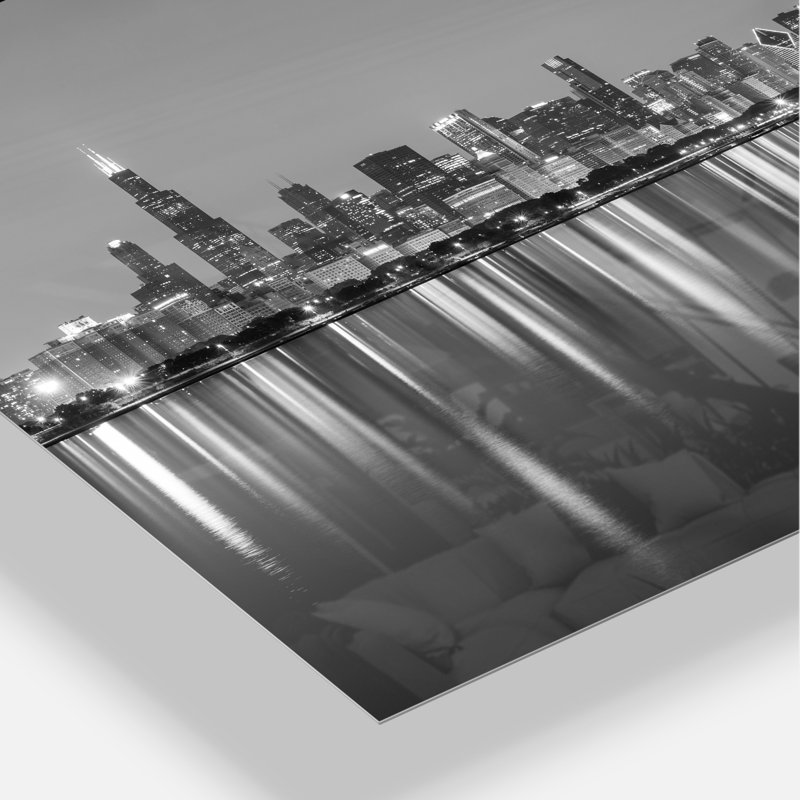 «Chicago Skyline at Night Black and White» - reproduction de photo, Métal métal, H 34 po x l 44 po