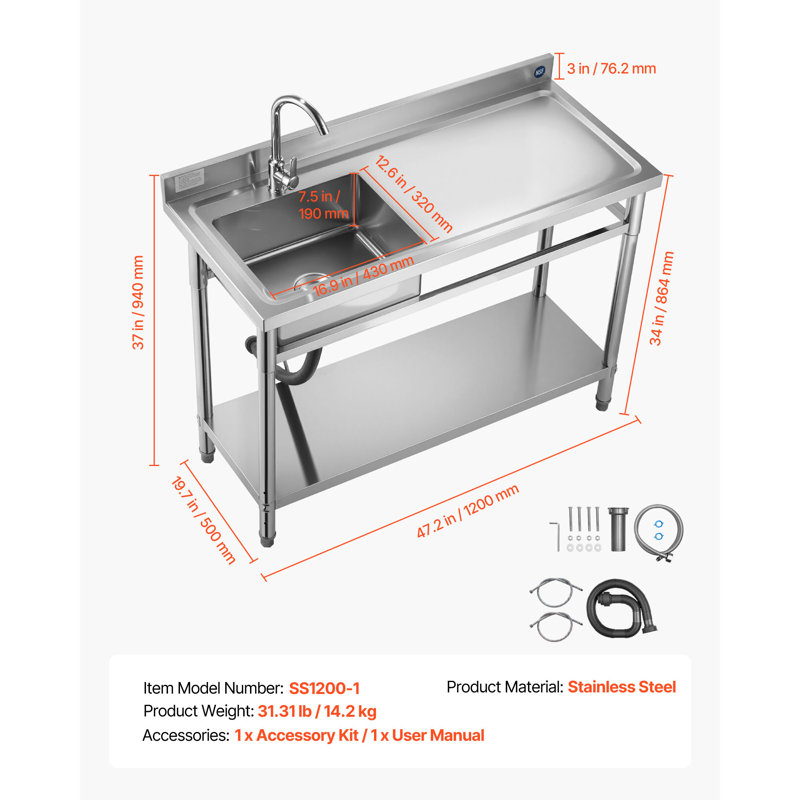 Évier utilitaire en acier inoxydable, évier de cuisine commercial à cuve simple autoportant avec robinet, établi utilitaire pour lavabo droit avec tuyau d'eau chaude et froide, 47 x 19,7 x 37 po