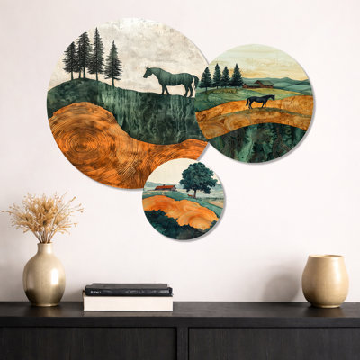 Equine Elegance Of The Horse By The Farm I – Orange Horse 3 Piece Metal Wall Decor