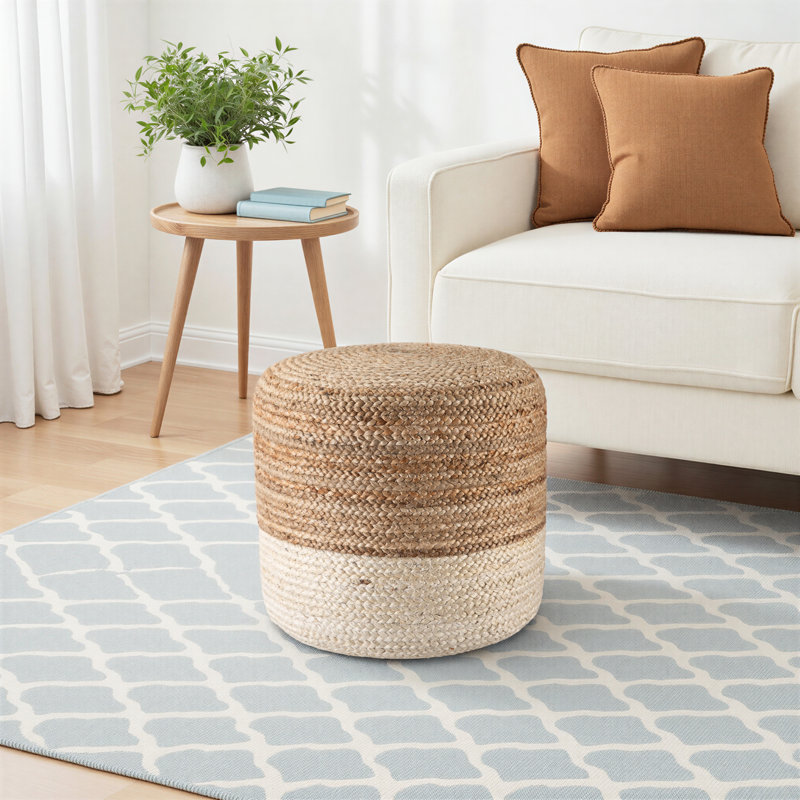 Fabian 18" Wide Round 100% Braided Jute Ombre Pouf Ottoman/Foot Stool by Jaipur Living, White Jute