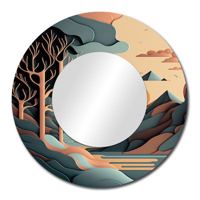 Mountain Trees In Retro Graphic Blue - Mountains Decorative Mirror, Yellow Large Round Wall Mirror, Printed Metal Art
