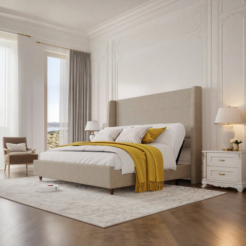 Smart Adjustable Bed Frame / 50" Upholstered Wingback Headboard / No Box Spring Needed, Queen, Khaki