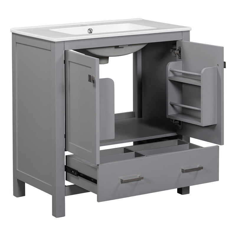 Meuble-lavabo gris de 30 po avec lavabo simple, meuble-lavabo sous-comptoir, armoire de rangement avec 2 portes et un tiroir, fermeture en douceur, rangement multifonctionnel, structure en bois massif