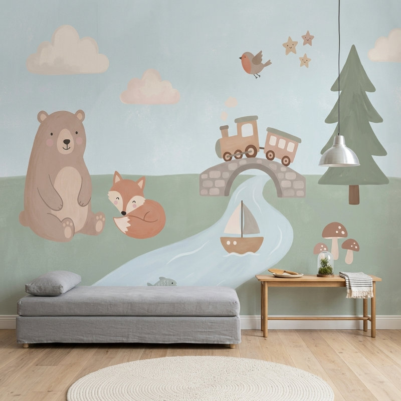 Papier peint chambre d'enfant animaux pastel, 160 po x 108 po, Peler et coller