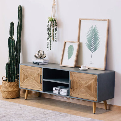Mid Century Modern TV Stand with Storage Cabinets and Open Shelves