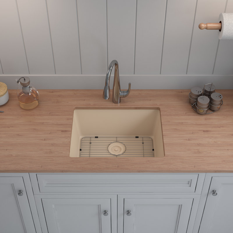 Évier de cuisine en quartz 23 po x 18 po, évier simple, évier encastré, évier de cuisine en granite, avec grilles en acier et crépine