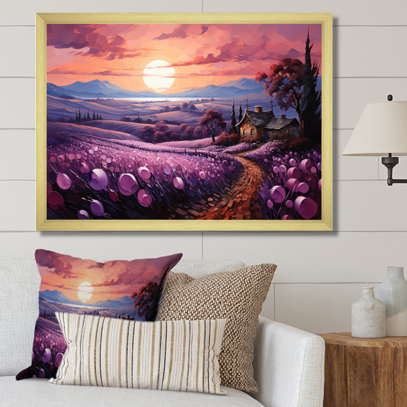 Paysage campagne lavande patchwork I, H 24 po x l 32 po x P 1 po, Encadrement doré