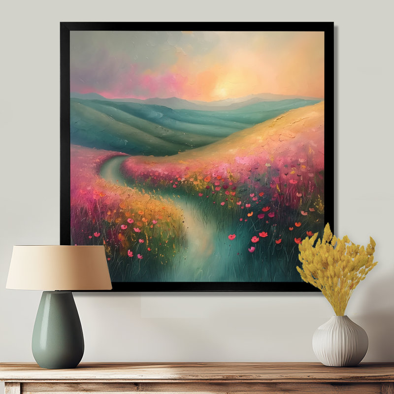 Fleur rose romantique Summer Meadows I - Fleurs, art mural salon, Cadre simple noir, H 16 po x l 16 po